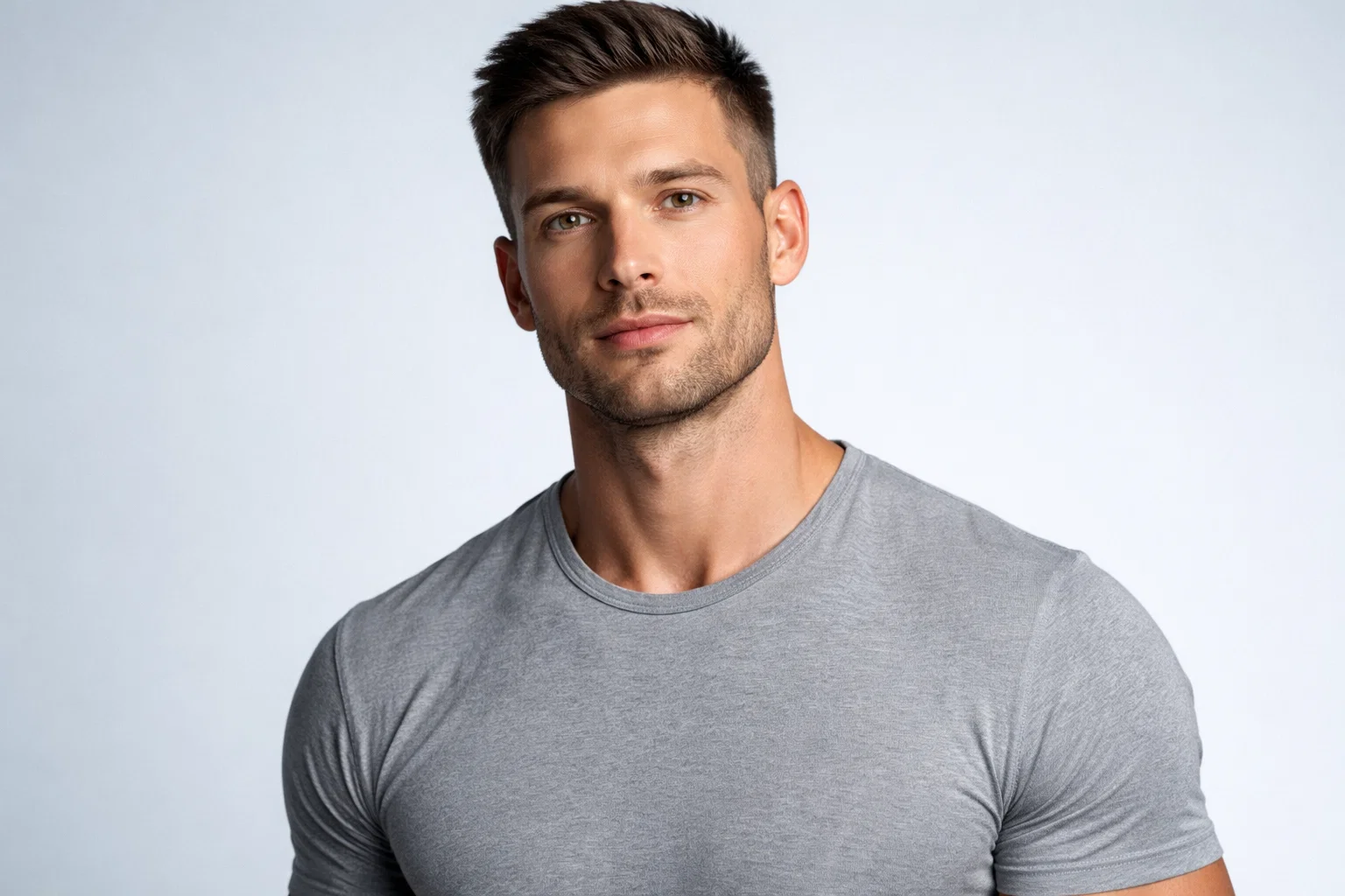 A realistic portrait of a man with toned facial muscles against a light blue background.