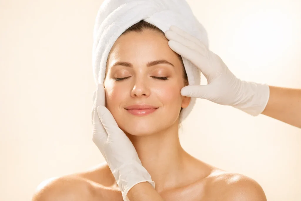 Woman with eyes closed and a peaceful expression against a warm cream background symbolizing aesthetic wellness.