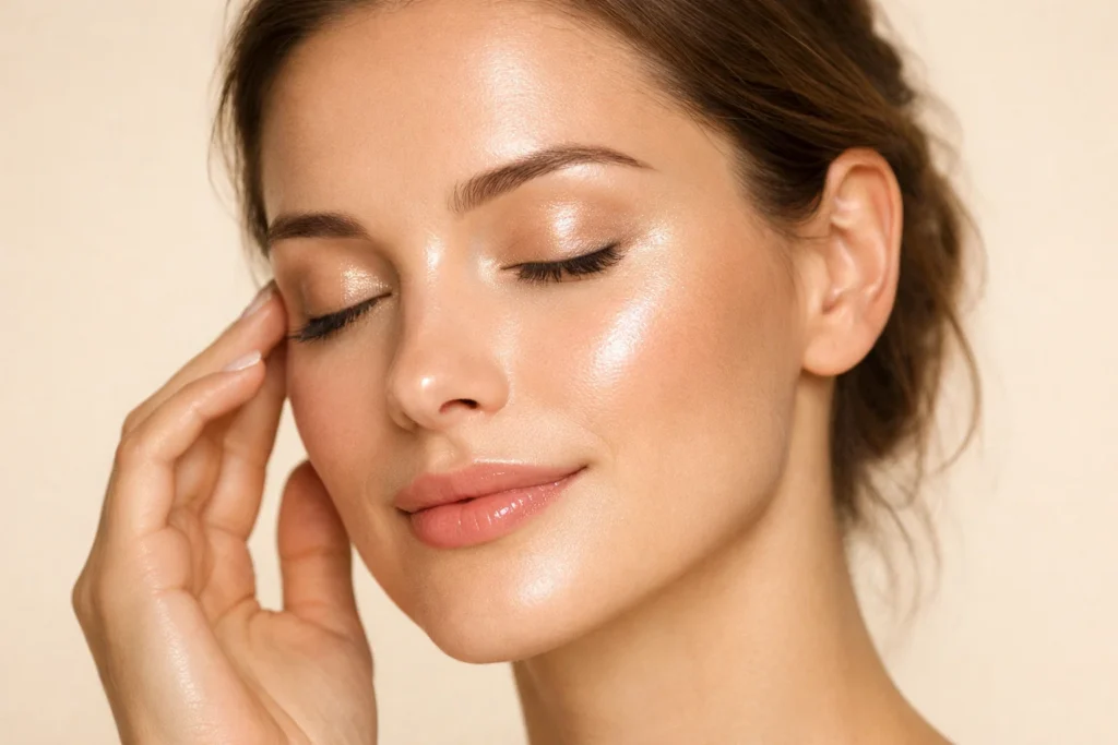 Radiant skin around the eyes of a tranquil woman on a warm ivory background.