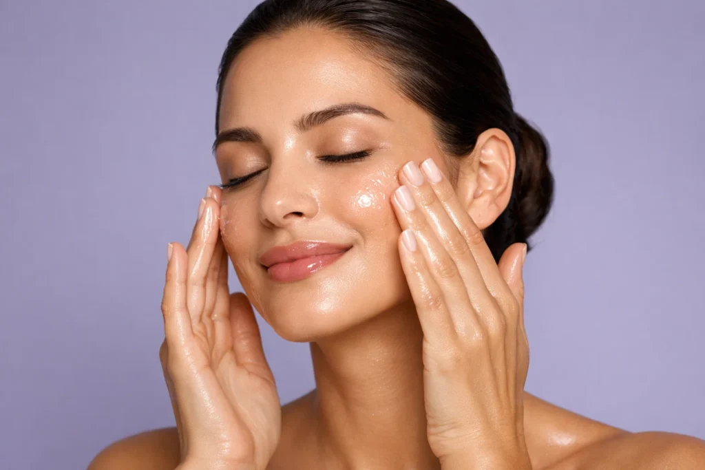 A woman applying hydrating serum to her dewy skin with a serene smile on a muted lavender background.