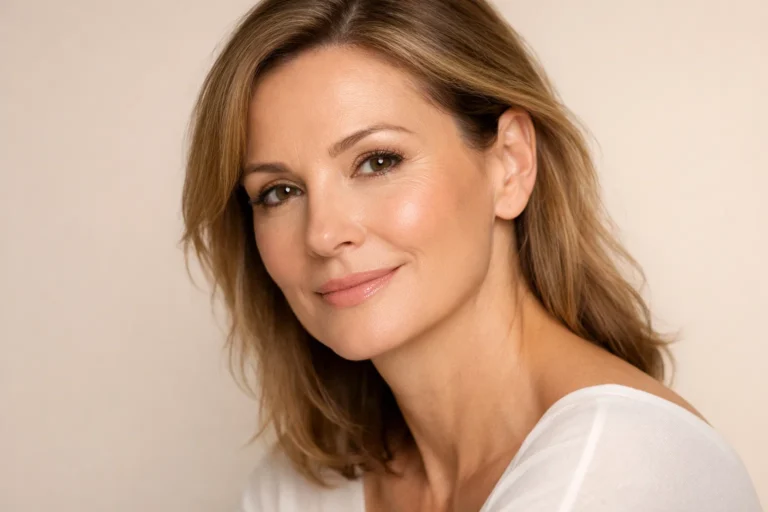 A peaceful woman with smooth skin around her eyes posing against a calm beige background.