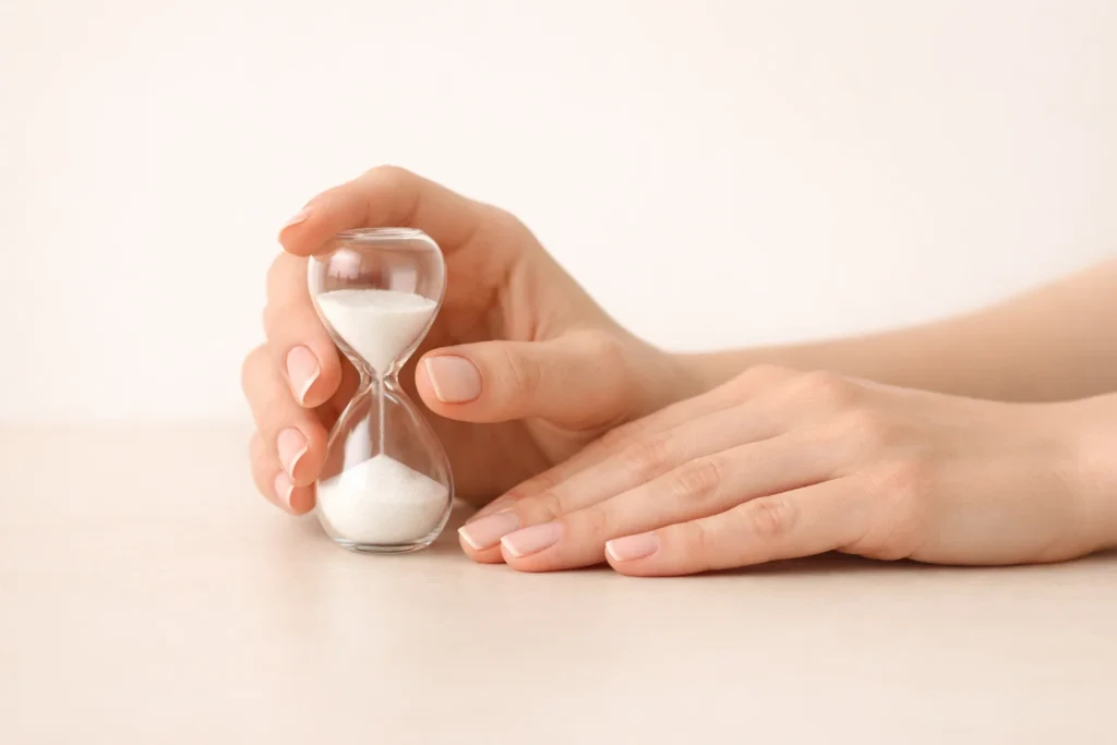 Hands holding a minimalist hourglass on a beige background representing biological age concepts.