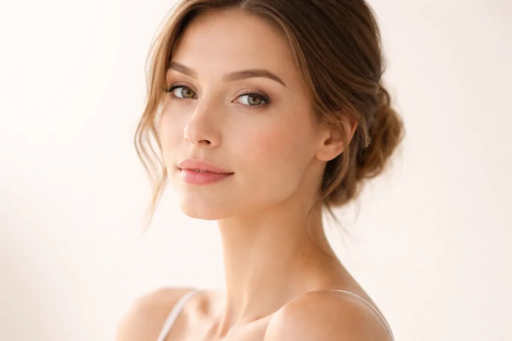 A thoughtful woman with a clear complexion looking at the camera against a solid pale-beige background.