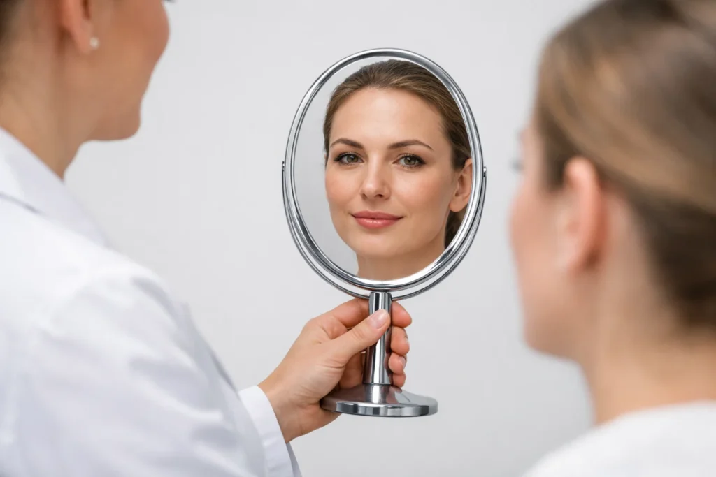 A mirror reflection during a professional cosmetic consultation on a clean light grey background.