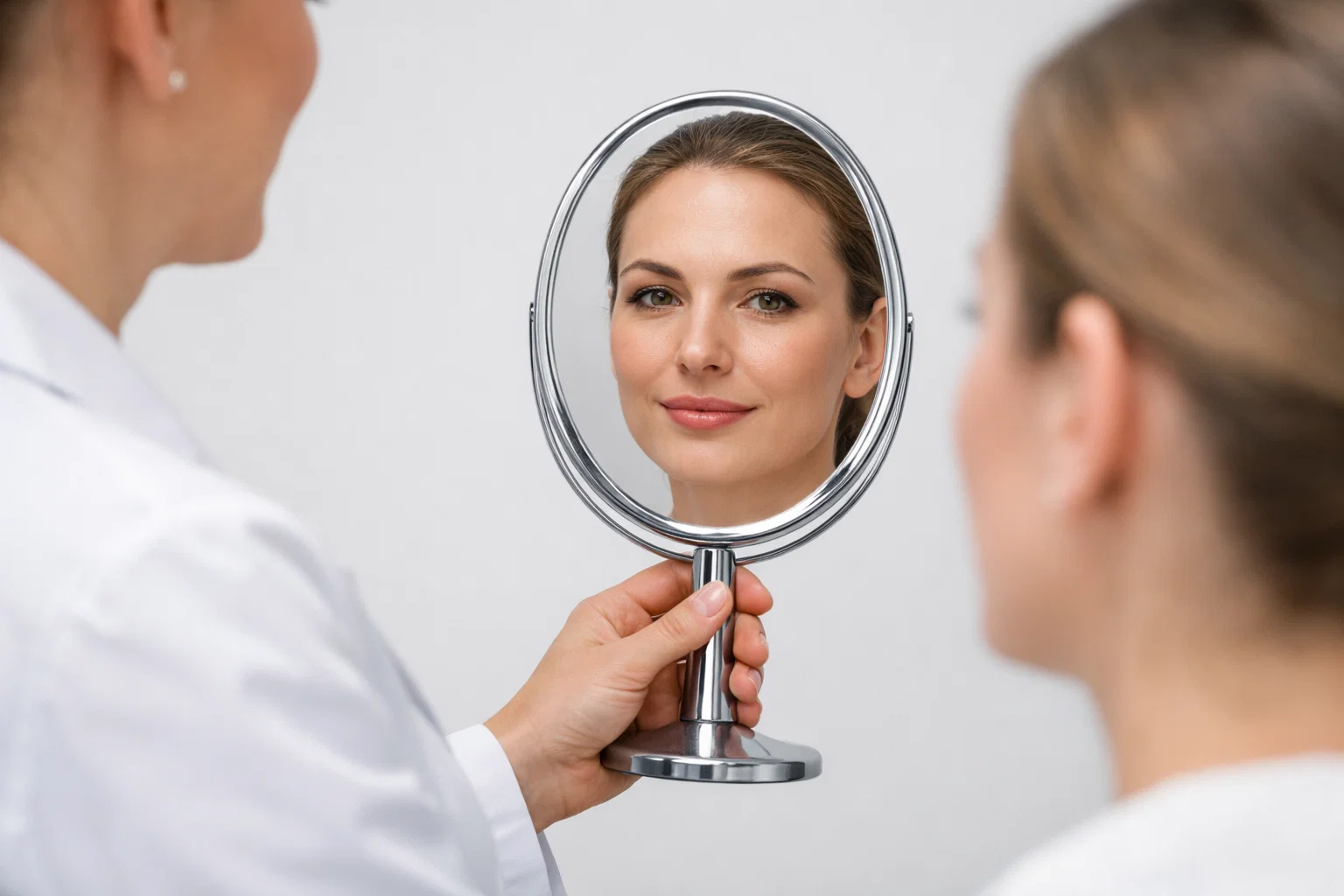 A mirror reflection during a professional cosmetic consultation on a clean light grey background.