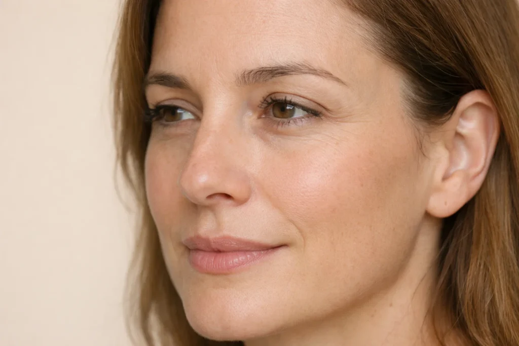 Close-up of a woman's natural under-eye area with soft lighting on a pale-beige background.