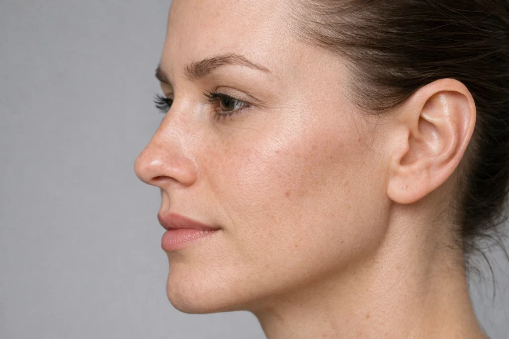 Close-up of a woman's face in profile showing natural skin texture against a soft grey background.