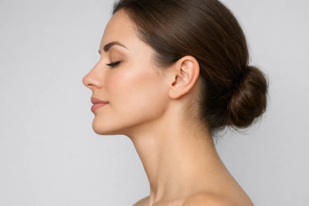 Profile of a woman showing natural jawline and neck contours against a serene pale grey background.