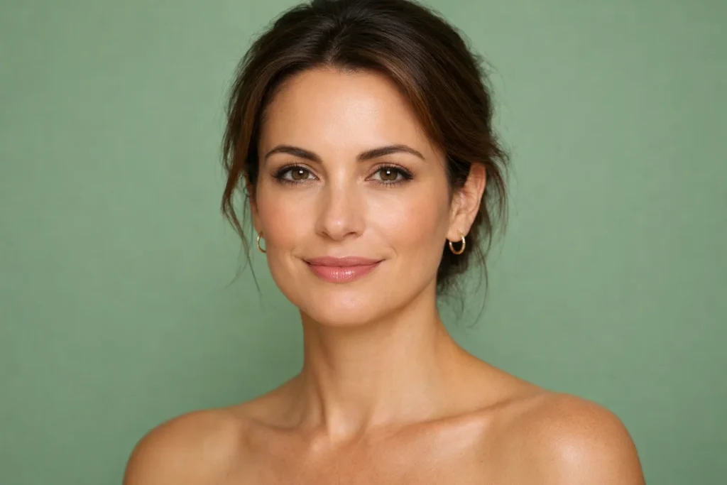 Confident woman with a smooth brow area against a neutral sage green background.