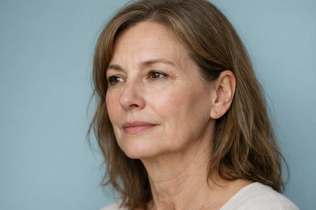 A woman in her early 50s with a calm expression against a muted light-blue background.