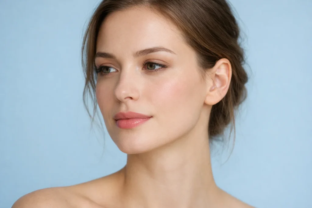 Serene model showcasing natural facial harmony against a soft pale blue background.