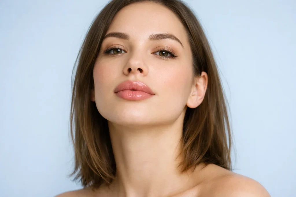 Woman displaying moderate lip filler results for comparison between different treatment volumes