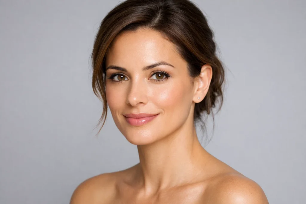 A confident woman with clear skin on a soft-grey background, representing professional laser technology results.