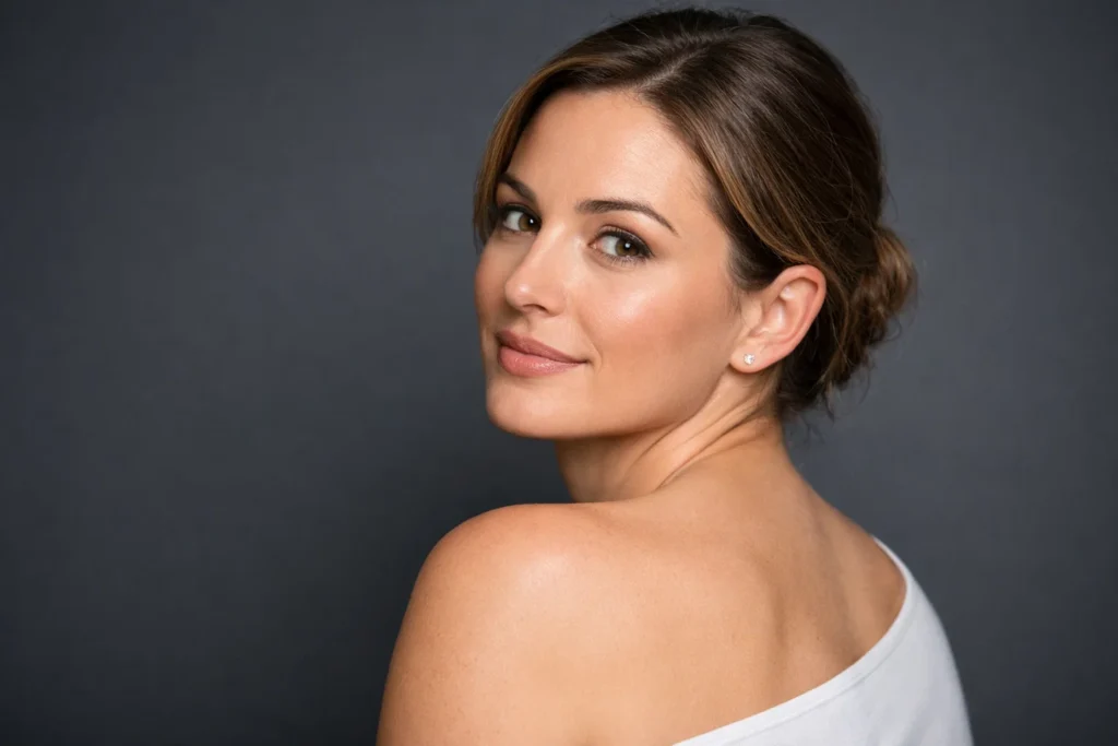 A woman looking over her shoulder with clear skin against a professional soft charcoal background.