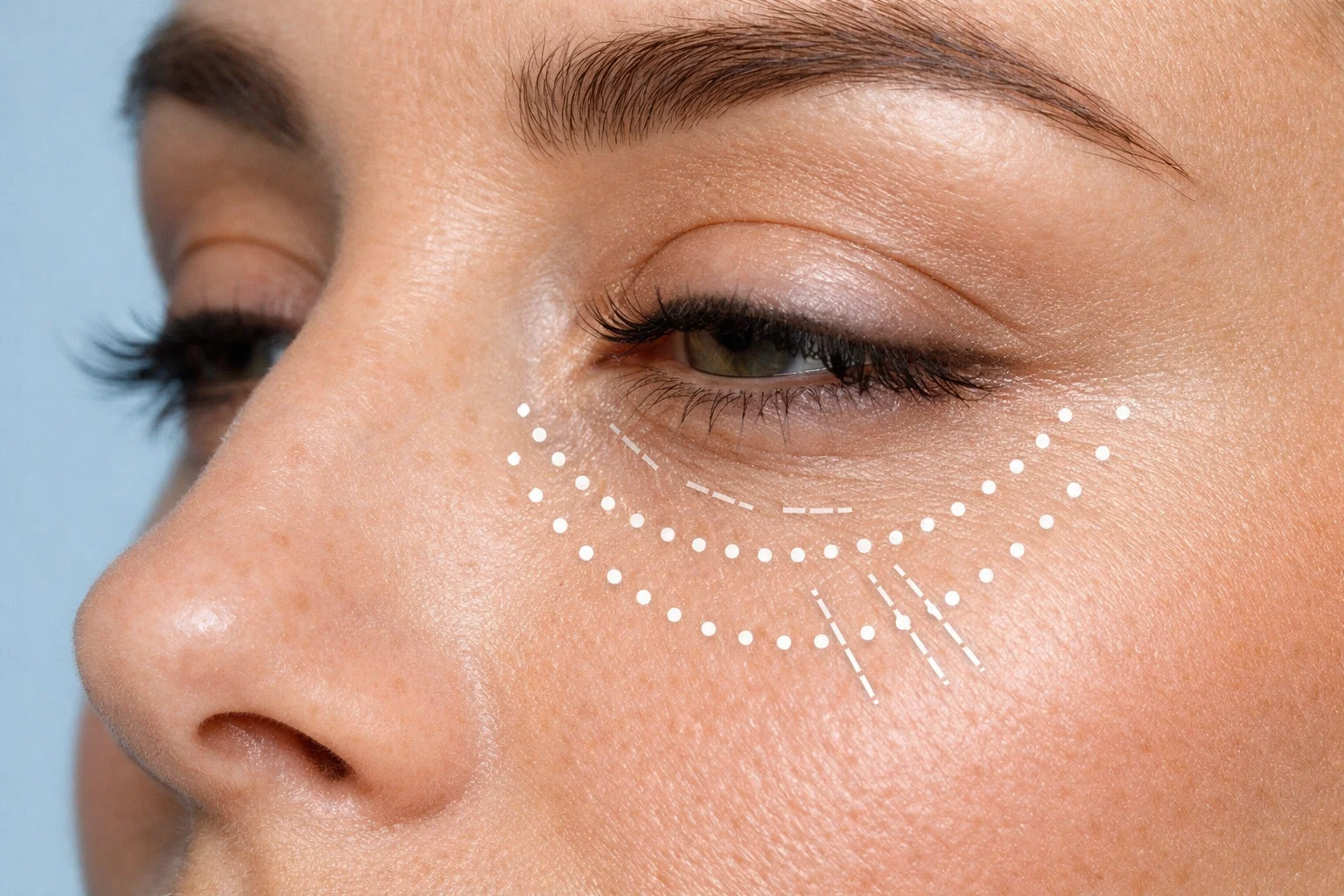 Macro shot of a model's eye area with clinical mapping markings on a neutral light-blue background.