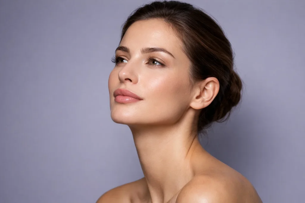Elegant woman showcasing a natural pout, highlighting the difference between lip flip and filler on a gray background.