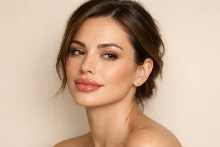 A woman with defined, natural-looking lips after a professional lip filler procedure on a beige background.