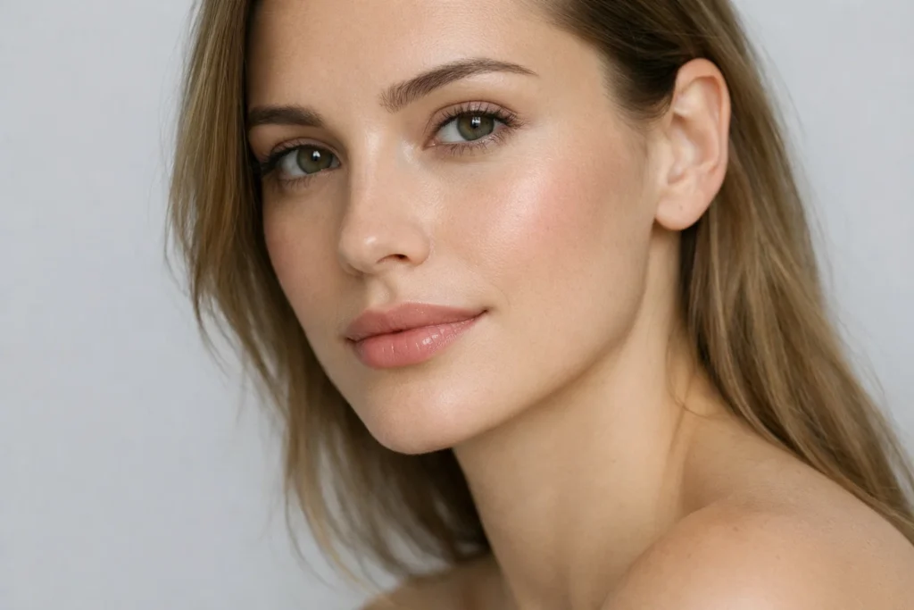 Close-up of a model with natural lip contours against a calm pale grey background.
