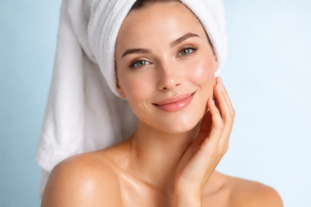 Refreshed woman with bright under-eye skin on a light blue background.