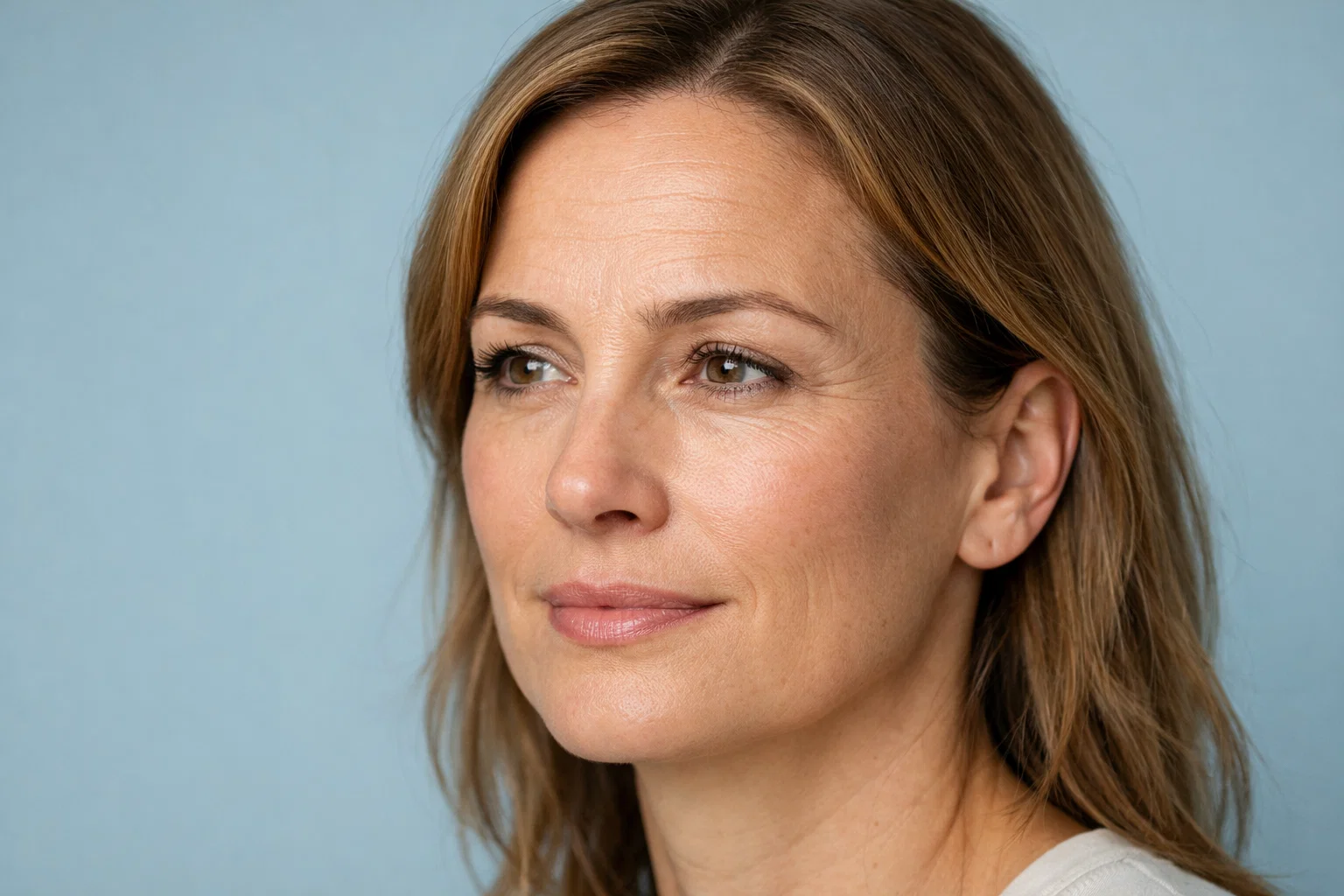 Professional portrait of a woman with smooth forehead skin against a beige background.