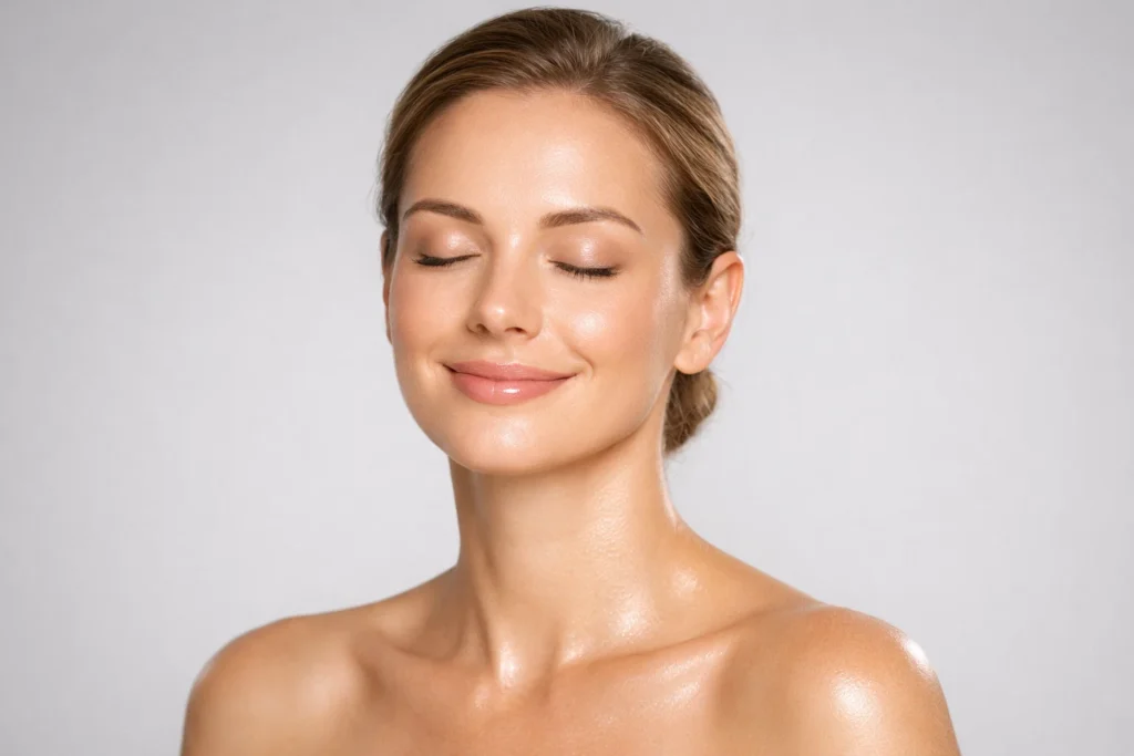 A peaceful person with glowing skin against a soft grey background, symbolizing effective skincare results.