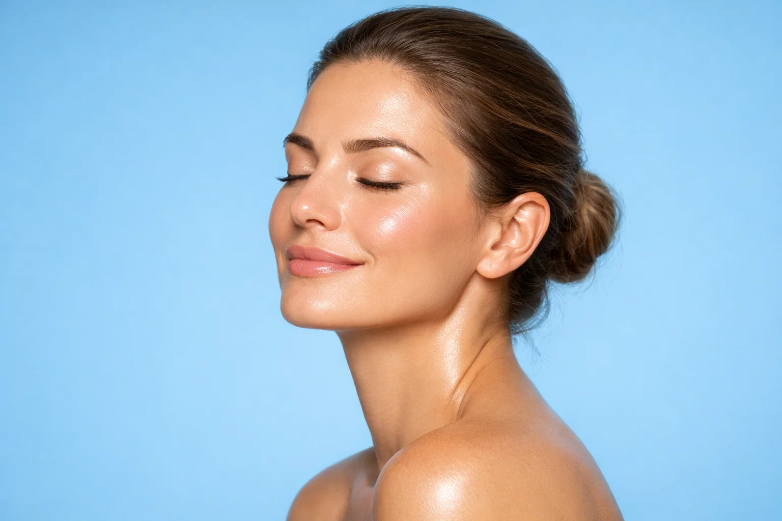 A peaceful woman with glowing skin on a sky blue background, showing effective fungal acne treatment results.