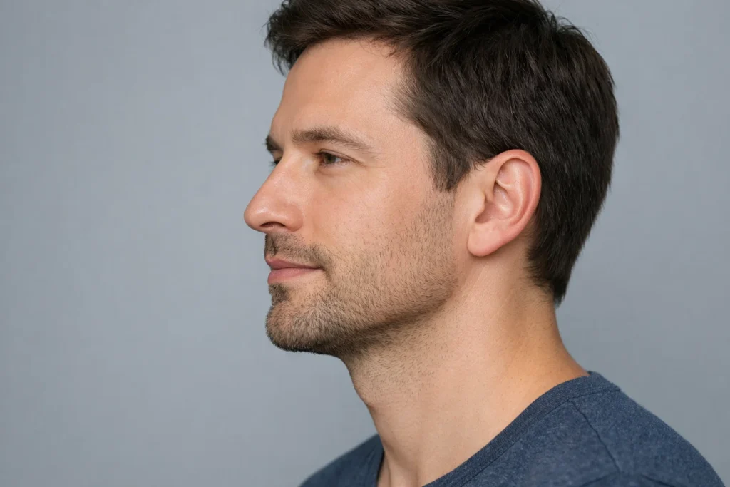 A side profile of a man showing natural jawline definition against a soft grey background.