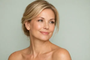 A serene woman with glowing skin and a gentle smile against a pale sage green background.