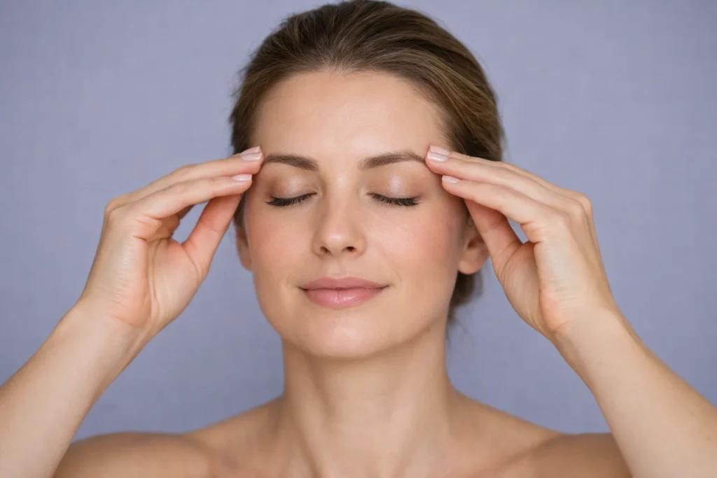 Model demonstrating a facial exercise to relax brow tension against a serene lavender-grey background.