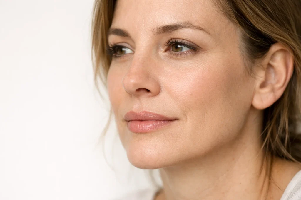 Close-up portrait of a woman reflecting factors that influence lip flip outcomes on a clean off-white background.