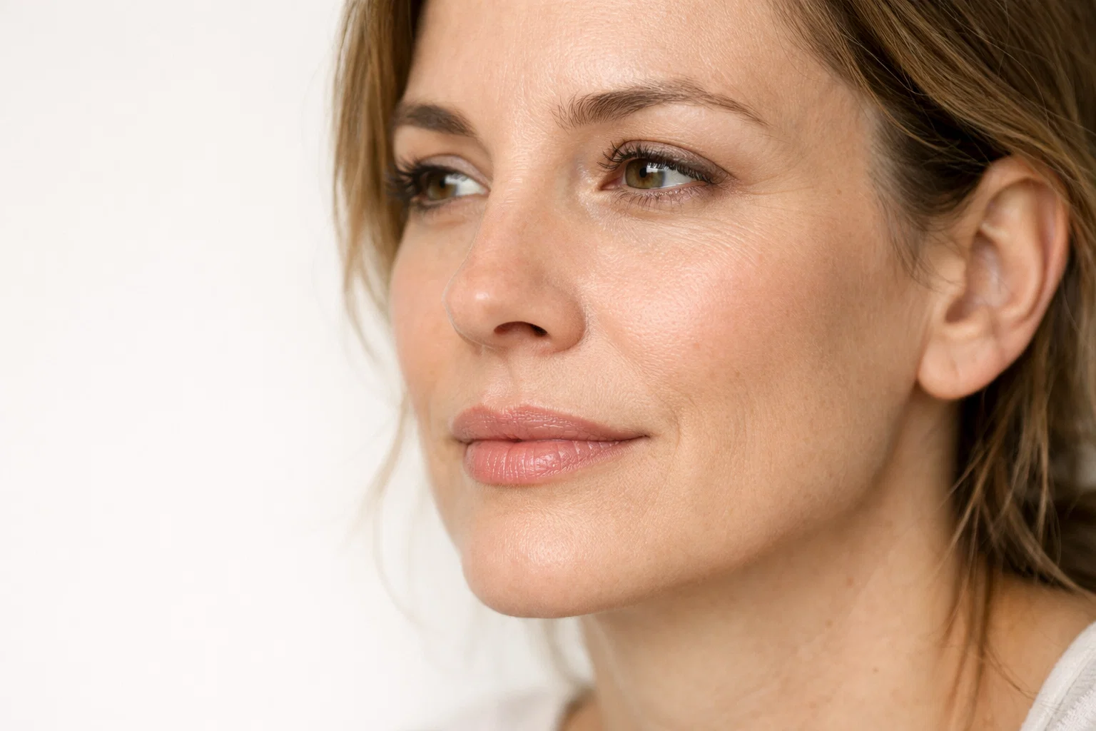 Close-up portrait of a woman reflecting factors that influence lip flip outcomes on a clean off-white background.