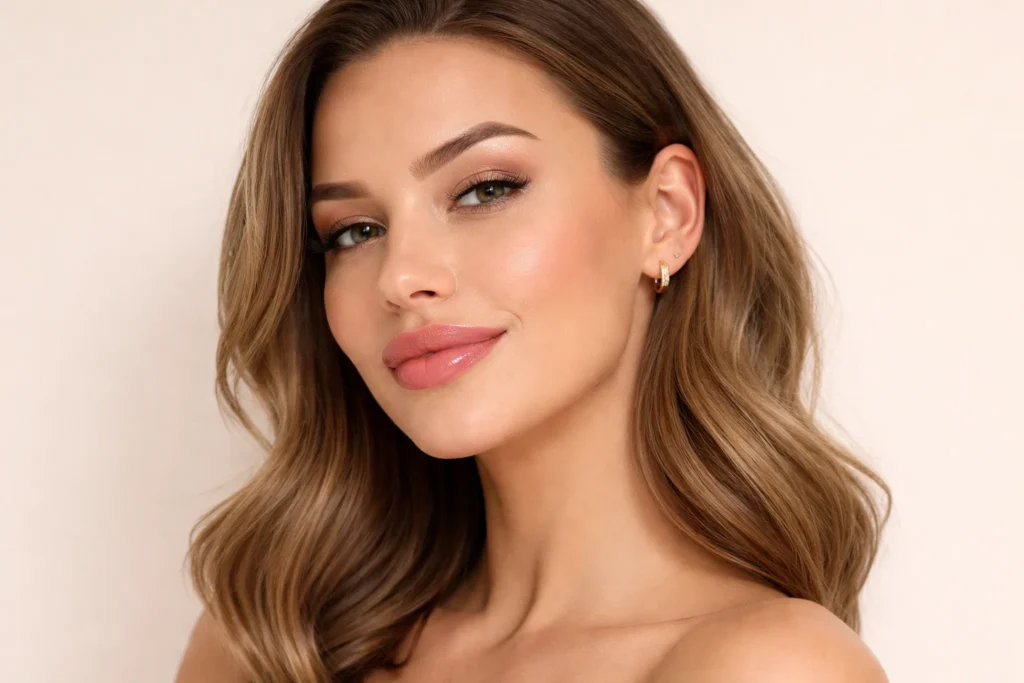 Woman showcasing fuller lip enhancement results after 2ml lip filler treatment in London clinic