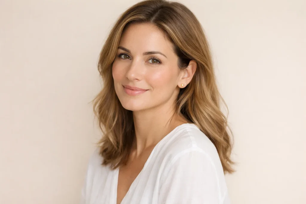 Relaxed woman conveying a sense of healing and wellness against a light beige background.