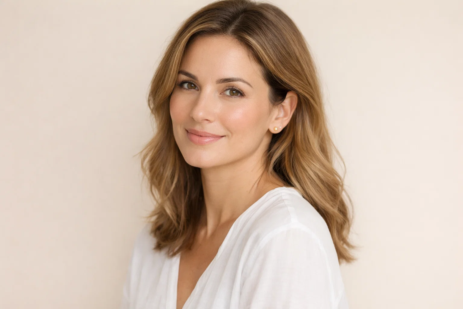 Relaxed woman conveying a sense of healing and wellness against a light beige background.