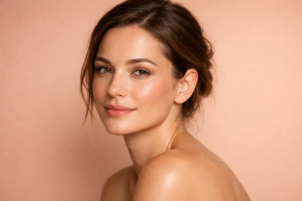 Refreshed model representing restored natural beauty against a soft peach background.