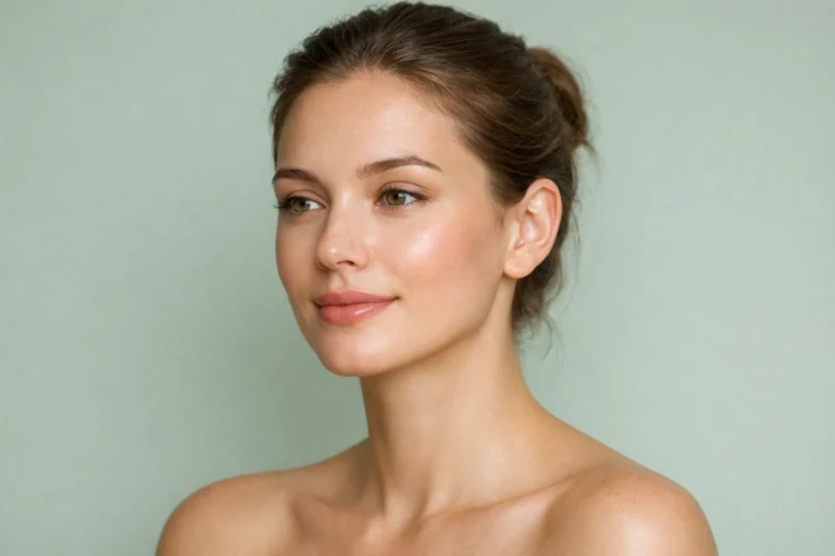A serene woman with clear skin against a pale green background, illustrating how to get rid of fungal acne.