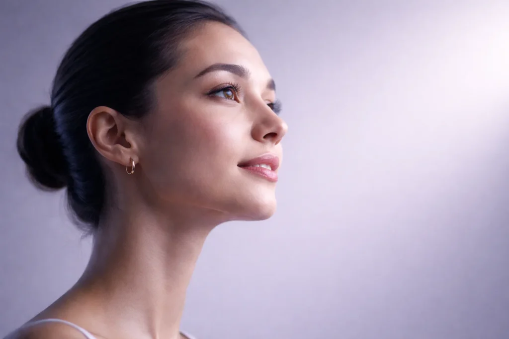 A serene woman's profile on a lavender-grey background illustrating the future of longevity planning.