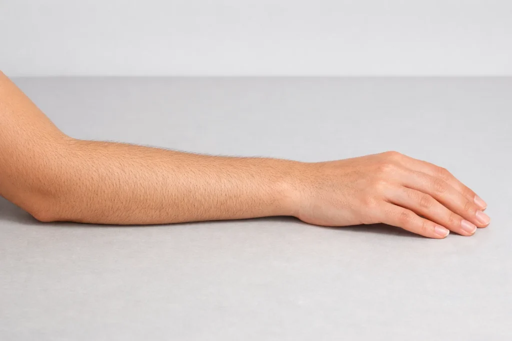 A woman's arm resting on a grey surface displaying uniform hair growth patterns in a clean clinical style.