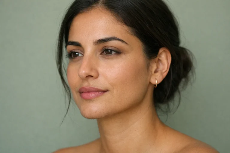 A serene woman with a peaceful expression against a muted green background, showing natural facial skin textures.