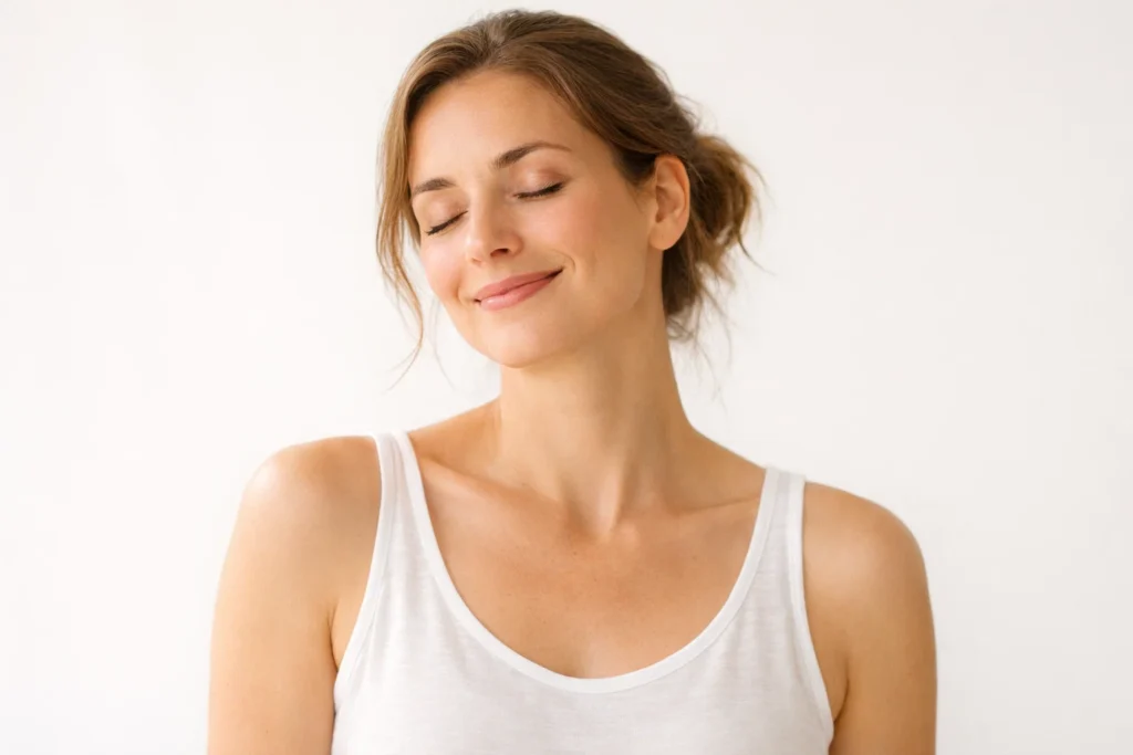 A smiling woman wearing a white cotton top against a bright background, looking refreshed and comfortable.