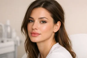 Woman with natural-looking lips demonstrating lip filler results in aesthetic clinic setting