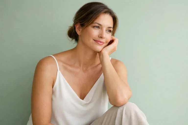 A relaxed woman with glowing skin on a soft green background representing biological age and longevity.