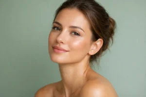 A calm woman with clear skin against a soft sage green background, illustrating successful acne treatment results.