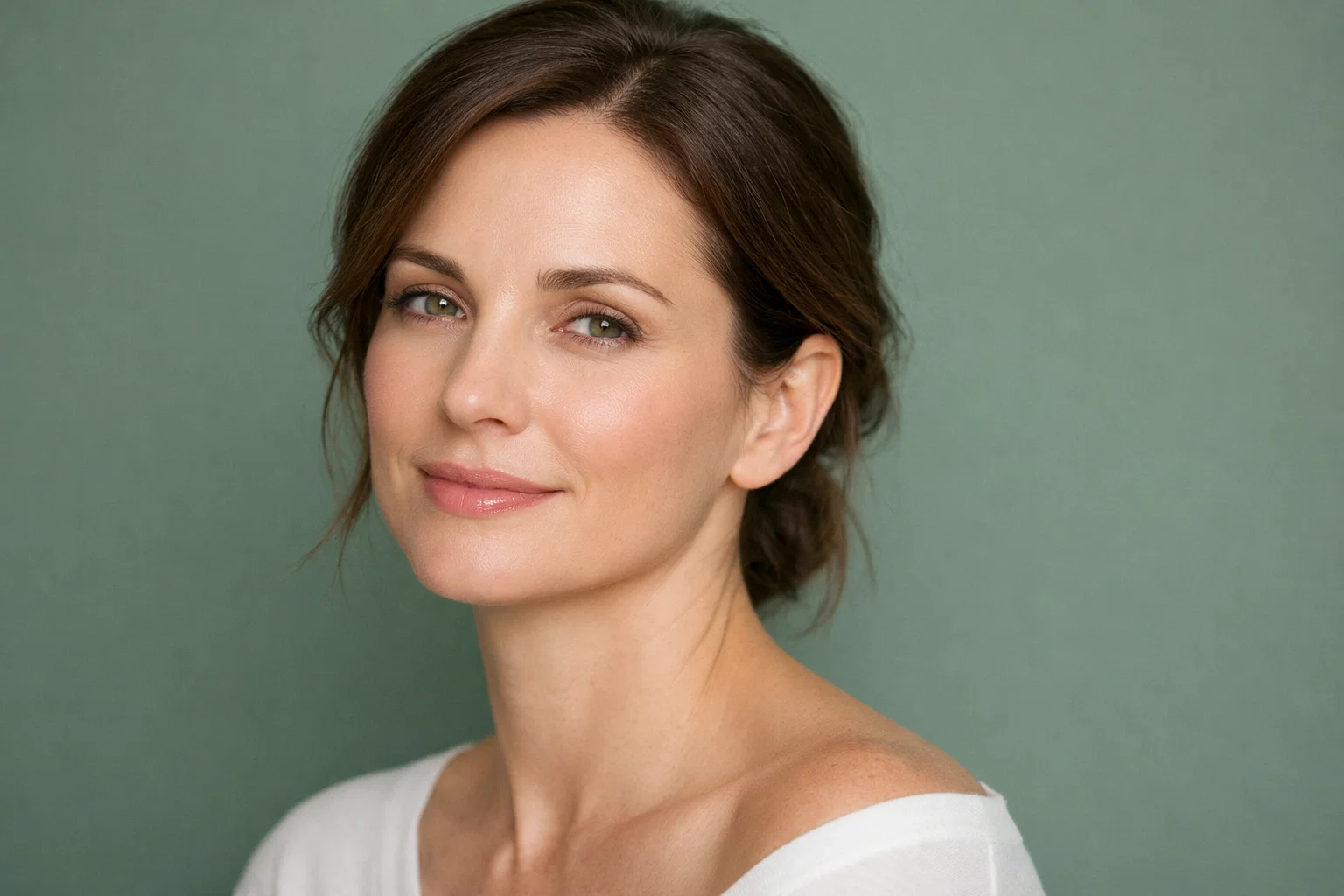 A peaceful woman looking slightly away from the camera against a calm sage-green background in a professional portrait.