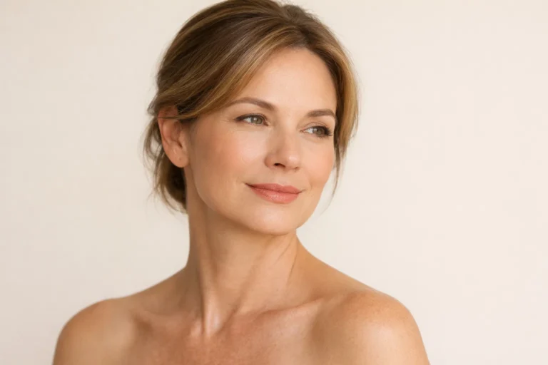 A serene woman with smooth skin and a relaxed expression against a pale beige background.