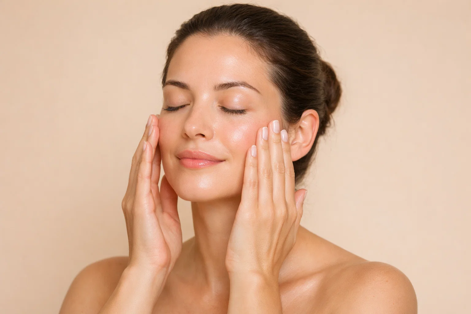 A woman performing a gentle facial massage against a warm pale-beige background.