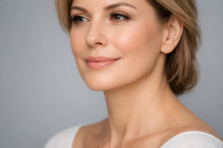 A serene woman with smooth skin on a pale beige background, showcasing the reduction of nasolabial folds.