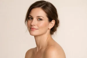 Realistic portrait of a woman with natural neck proportions and a defined jawline against a pale beige background.