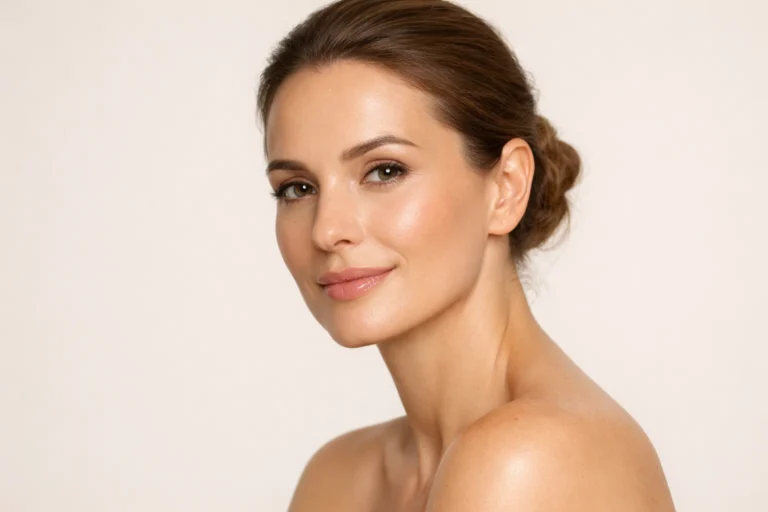 A serene woman with clear radiant skin looking calmly at the camera against a soft pale-beige background.