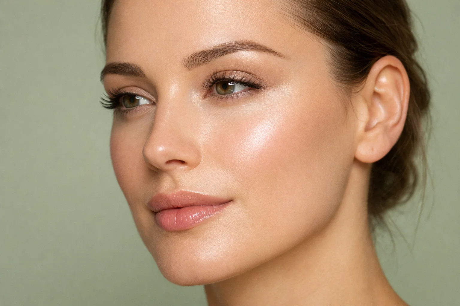 A relaxed woman with radiant skin on a pale green background, showing healthy and refreshed under-eye skin.